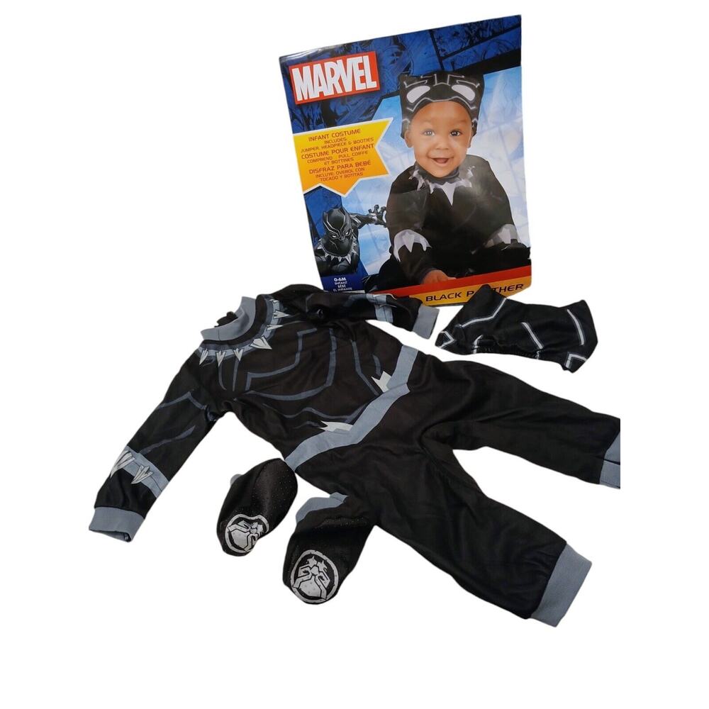 MARVEL Black Panther Costume Infant Sz 0-6 Mo 3 Pc Set NON-SLIP BOOTIE Halloween - Picture 7 of 15